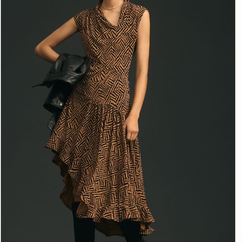 Anthropologie Swing Dress. Size large, brown and black geometric Zebra print.